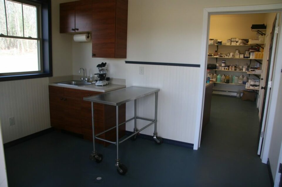 A small laboratory room with a stainless steel table on wheels, a sink, cabinets, a microscope, and an adjacent storage room with shelves holding various supplies.
